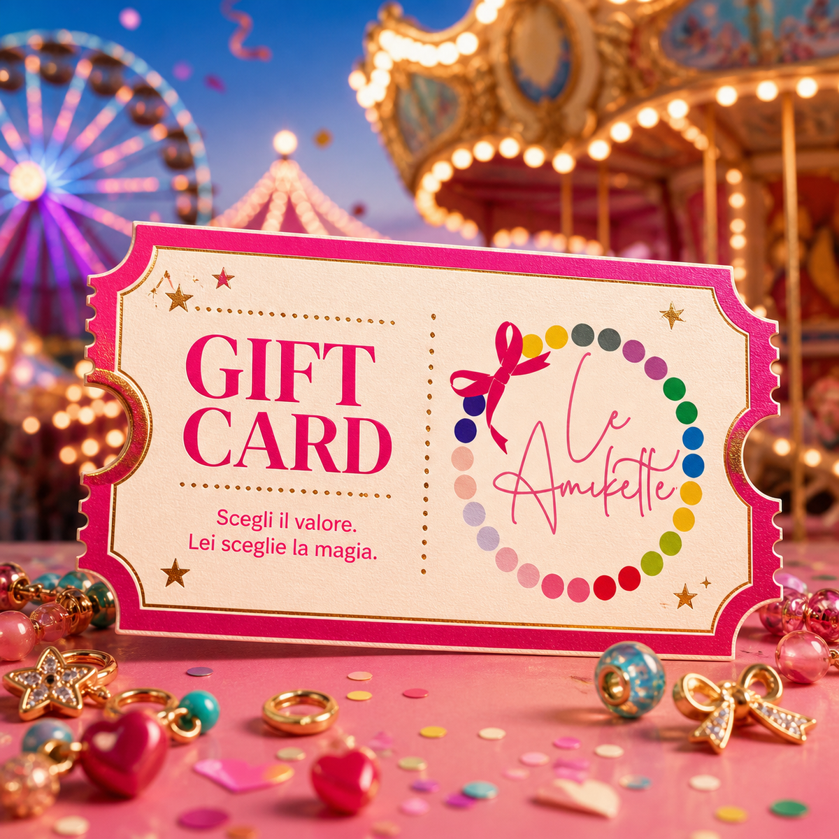 Gift Card Le Amikette a tema luna park con giostra e ruota panoramica